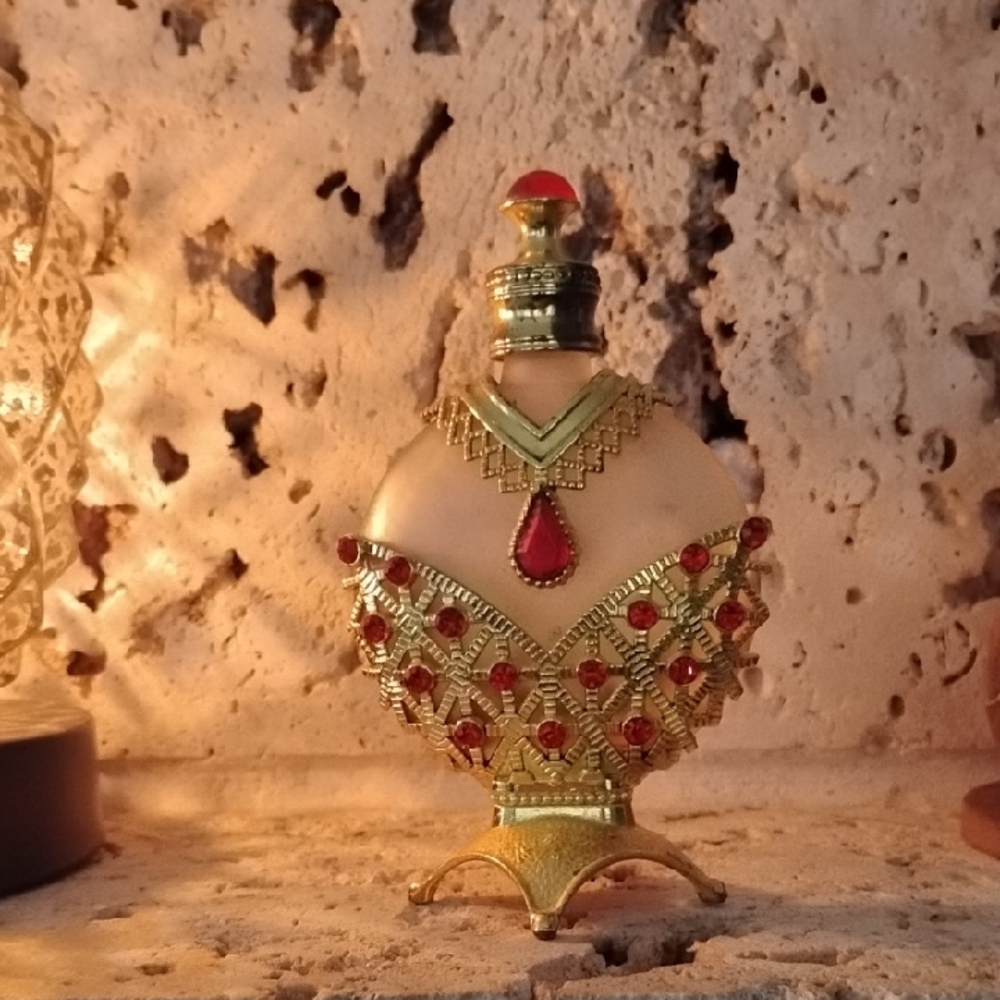 Gold and Red Peacock Pendant with Intricate Filigree Glass Perfume Bottle W/Wand